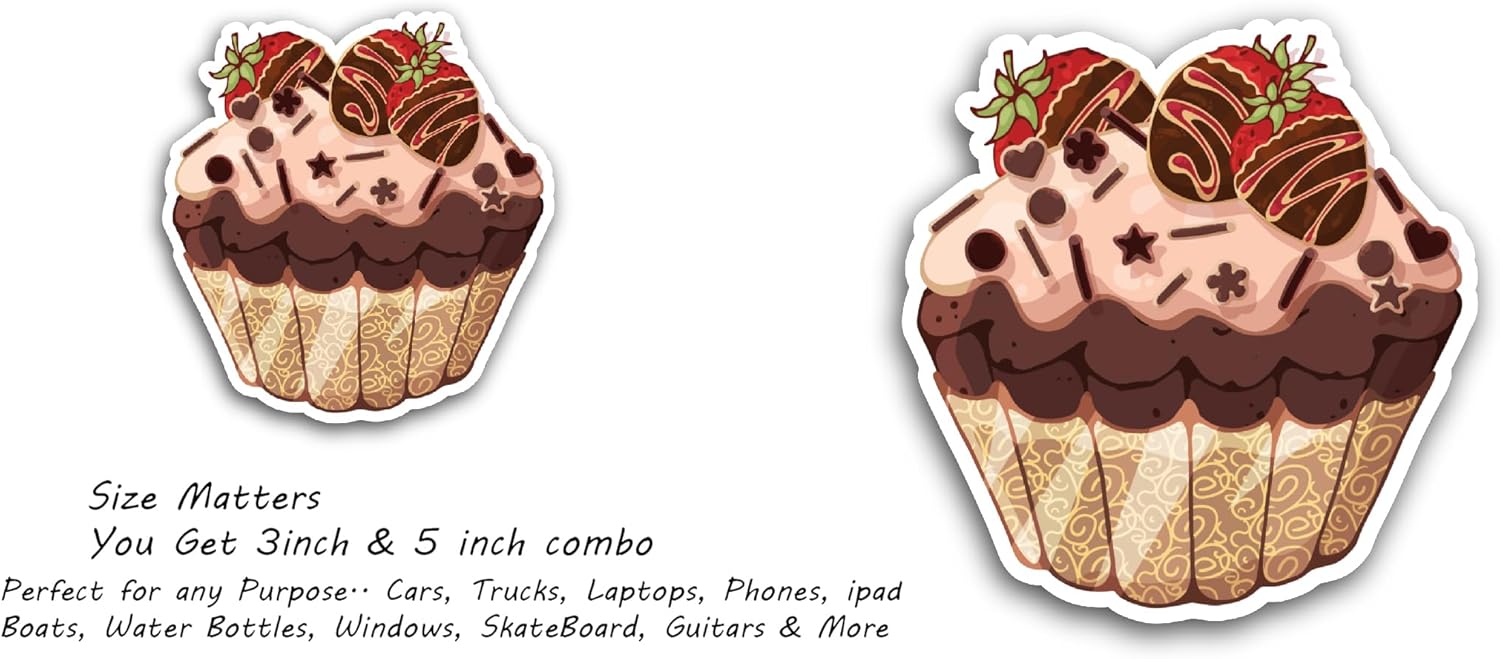2 (Pieces) 3" and 5" Chocolate Cupcake with Strawberry Sticker, Waterproof Vinyl Decals for Many Purpose Like Cars, Trucks, Laptops, Phones, Windows and More