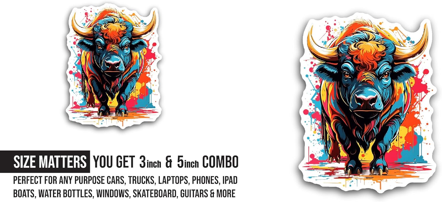2 (Pieces) 3" and 5" Colorful Bull Sticker, Waterproof Vinyl Decals for Many Purpose Like Cars, Trucks, Laptops, Phones, Windows and More (Copy)