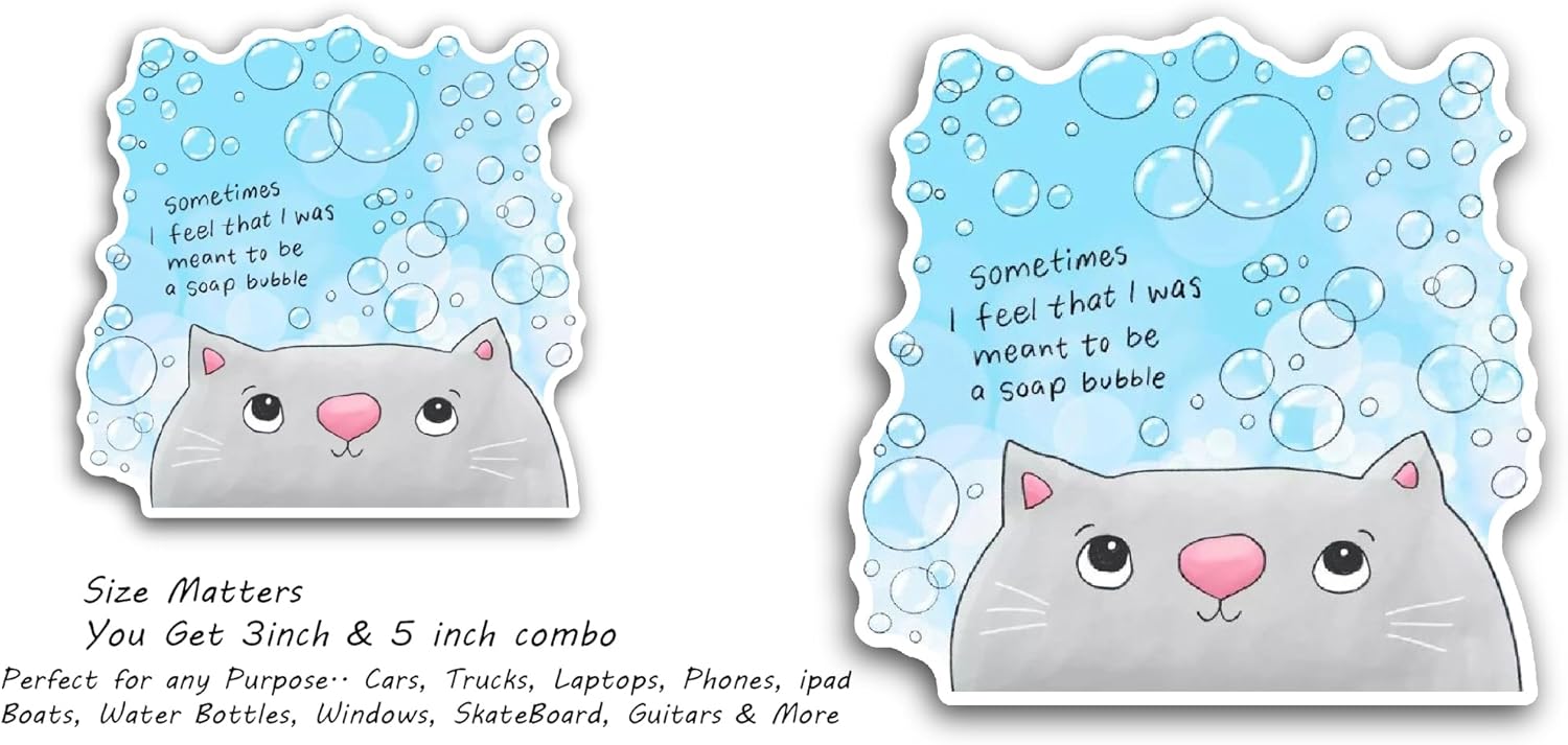 2 (Pieces) 3" and 5" Cat Thought with Bubbles Sticker, Waterproof Vinyl Decals for Many Purpose Like Cars, Trucks, Laptops, Phones, Windows and More