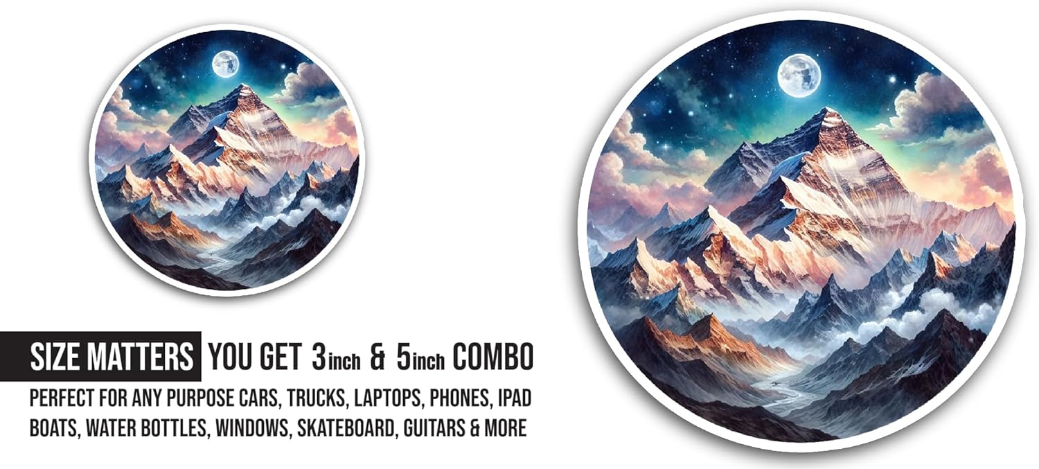 2 (Pieces) 3" and 5" Full Moon Night with Mountains Sticker, Waterproof Vinyl Decals for Many Purpose Like Cars, Trucks, Laptops, Phones, Windows and More