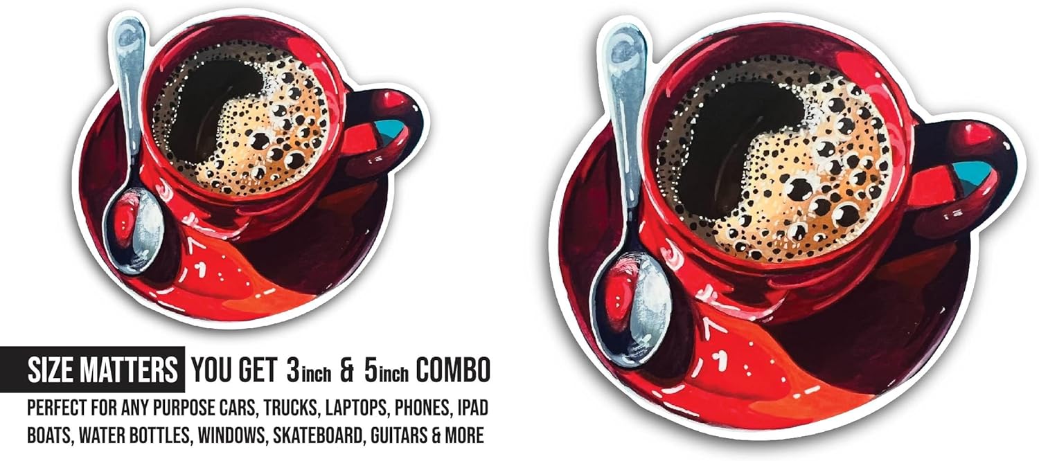 2 (Pieces) 3" and 5" Black Coffee in Red Cup Sticker, Waterproof Vinyl Decals for Many Purpose Like Cars, Trucks, Laptops, Phones, Windows and More