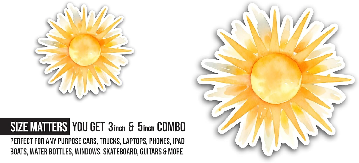 2 (Pieces) 3" and 5" Bright Yellow Sun Sticker, Waterproof Vinyl Decals for Many Purpose Like Cars, Trucks, Laptops, Phones, Windows and More