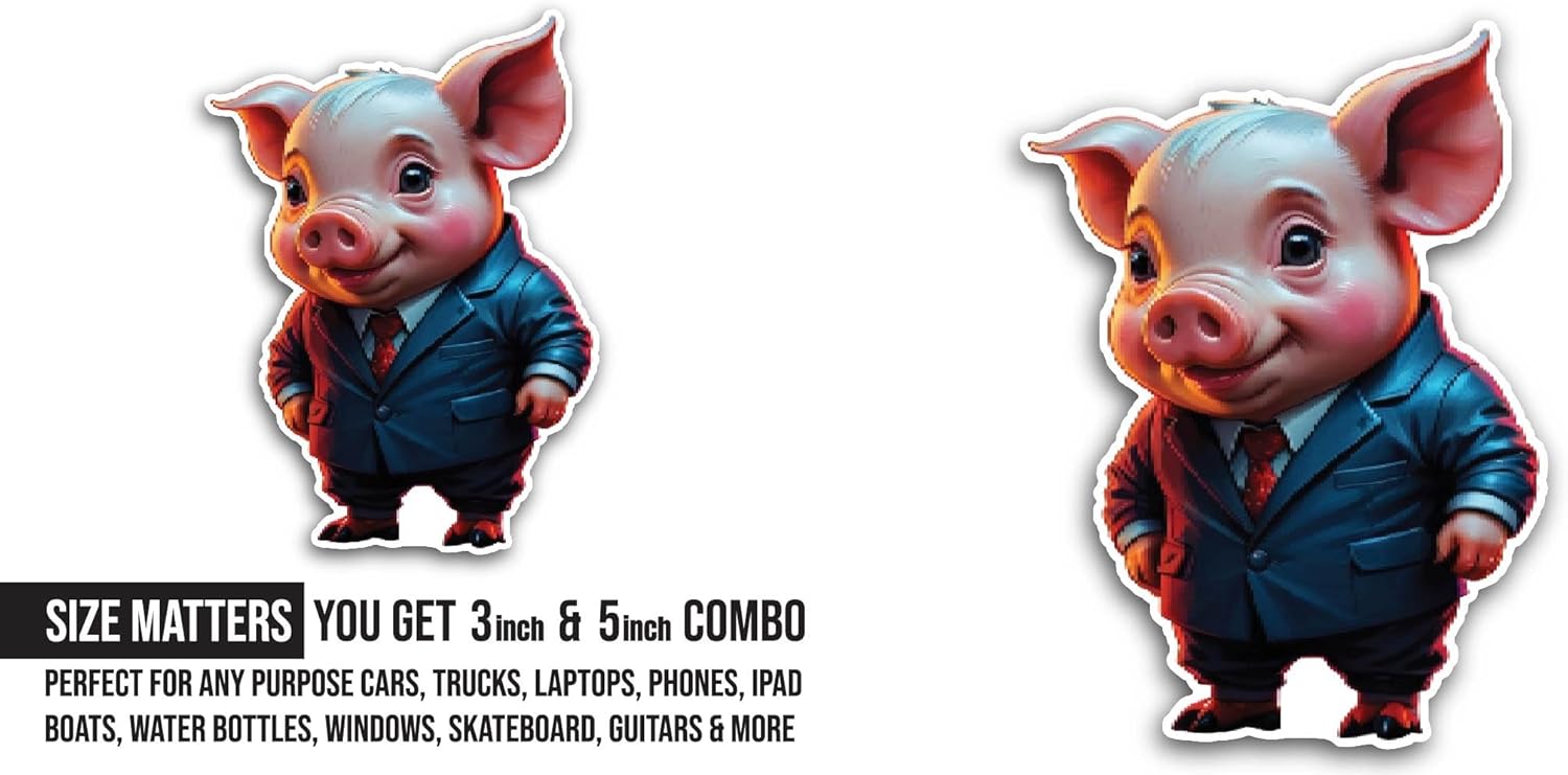 2 (Pieces) 3" and 5" Piglet in Business Suit Sticker, Waterproof Vinyl Decals for Many Purpose Like Cars, Trucks, Laptops, Phones, Windows and More
