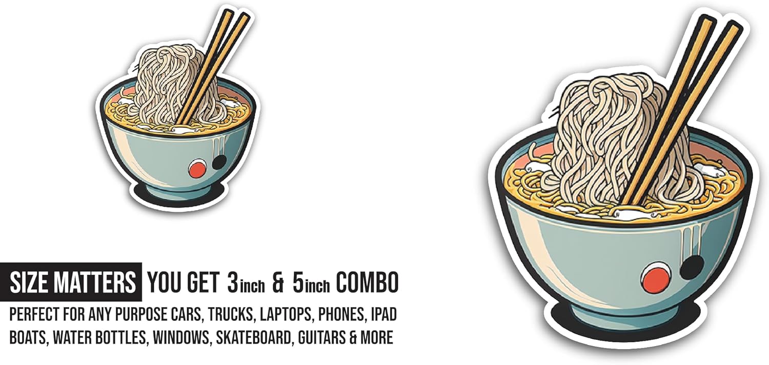 2 (Pieces) 3" and 5" Bowl of Noodles Sticker, Waterproof Vinyl Decals for Many Purpose Like Cars, Trucks, Laptops, Phones, Windows and More