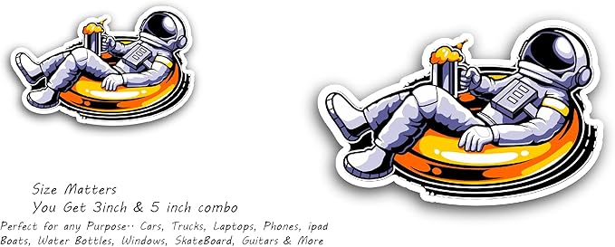 2 (Pieces) 3" and 5" Astronaut Drinking Beer Vinyl Decal Sticker, Waterproof Vinyl Decals for Many Purpose Like Cars, Trucks, Laptops, Phones, Windows and More