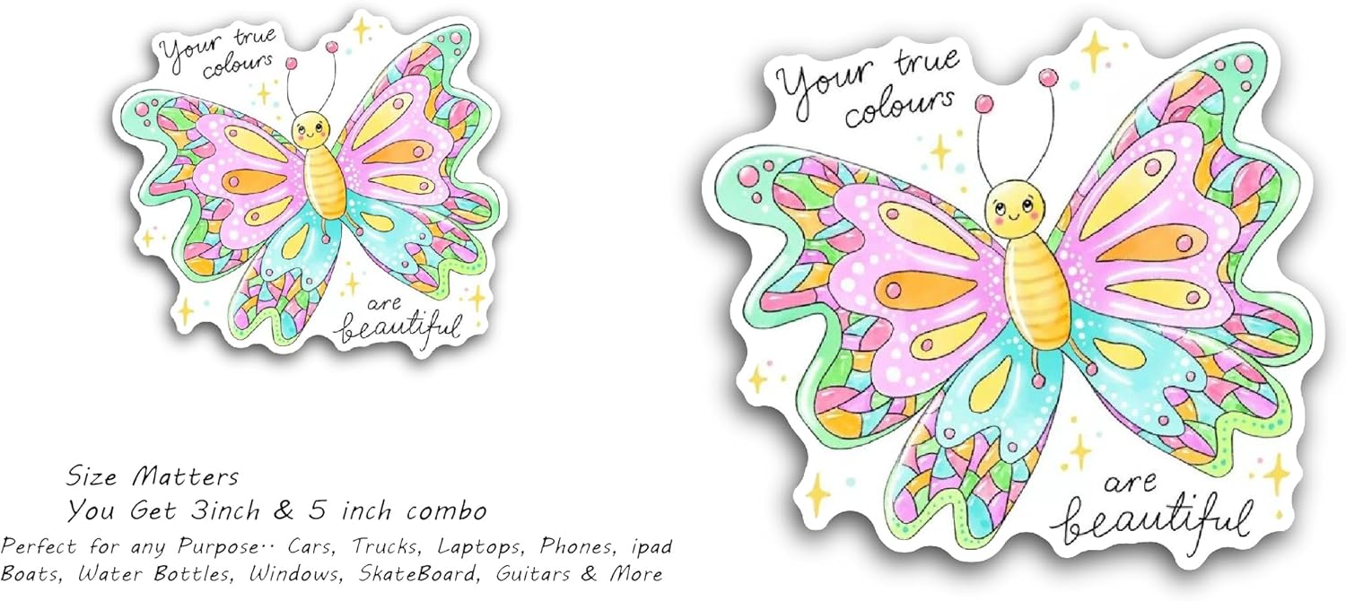 2 (Pieces) 3" and 5" Colorful Butterfly Drawing Sticker, Waterproof Vinyl Decals for Many Purpose Like Cars, Trucks, Laptops, Phones, Windows and More