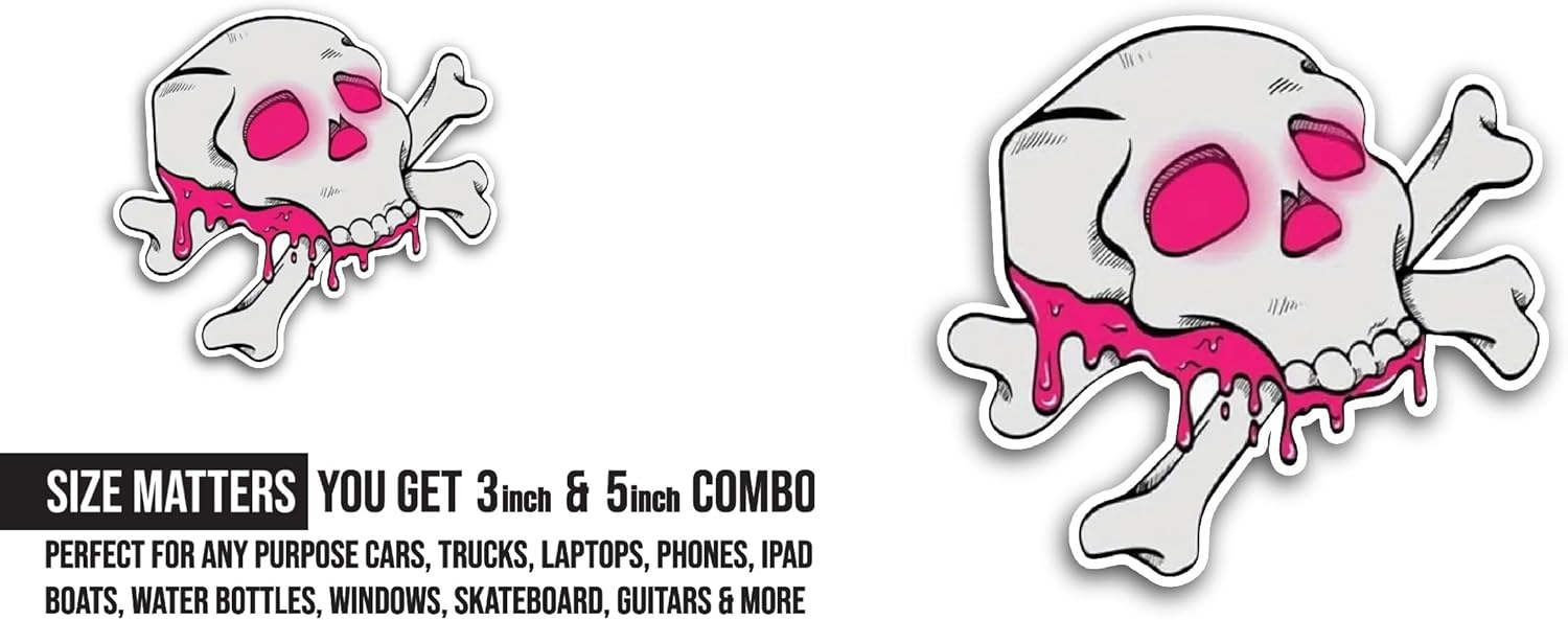 2 (Pieces) 3" and 5" Cartoon Skull and Cross Bones Sticker, Waterproof Vinyl Decals for Many Purpose Like Cars, Trucks, Laptops, Phones, Windows and More