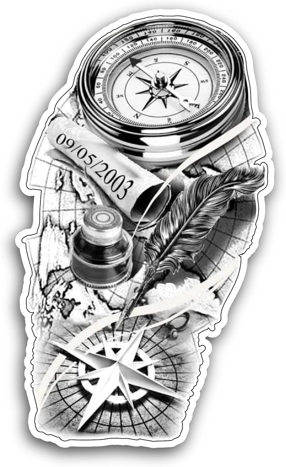 2 (Pieces) 3" and 5" Compass and Feather Sticker, Waterproof Vinyl Decals for Many Purpose Like Cars, Trucks, Laptops, Phones, Windows and More