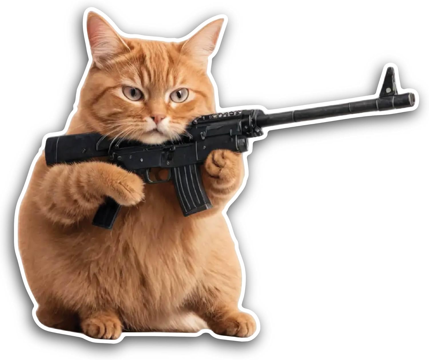 2 (Pieces) 3" and 5" Cat with Gun Sticker, Waterproof Vinyl Decals for Many Purpose Like Cars, Trucks, Laptops, Phones, Windows and More