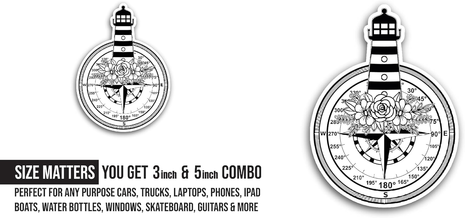 2 (Pieces) 3" and 5" Black and White Compass Sticker, Waterproof Vinyl Decals for Many Purpose Like Cars, Trucks, Laptops, Phones, Windows and More