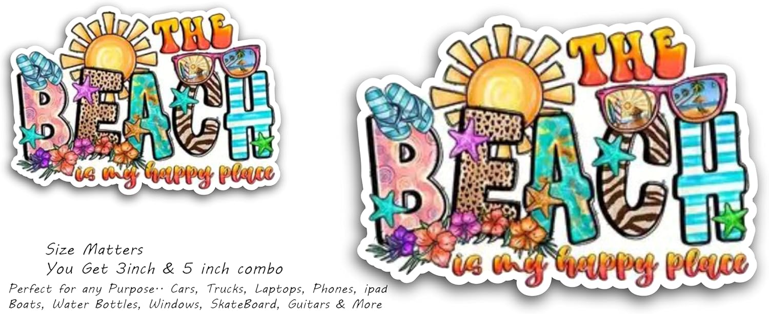 2 (Pieces) 3" and 5" The Beach is My Happy Place Decal Sticker, Waterproof Vinyl Decals for Many Purpose Like Cars, Trucks, Laptops, Phones, Windows and More