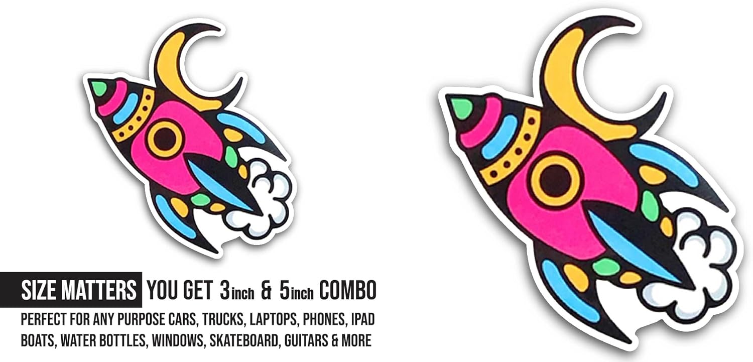 2 (Pieces) 3" and 5" Rocket Sticker, Waterproof Vinyl Decals for Many Purpose Like Cars, Trucks, Laptops, Phones, Windows and More