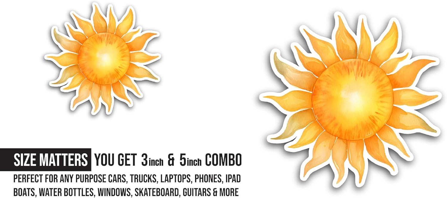 2 (Pieces) 3" and 5" Full Bright Sun Sticker, Waterproof Vinyl Decals for Many Purpose Like Cars, Trucks, Laptops, Phones, Windows and More