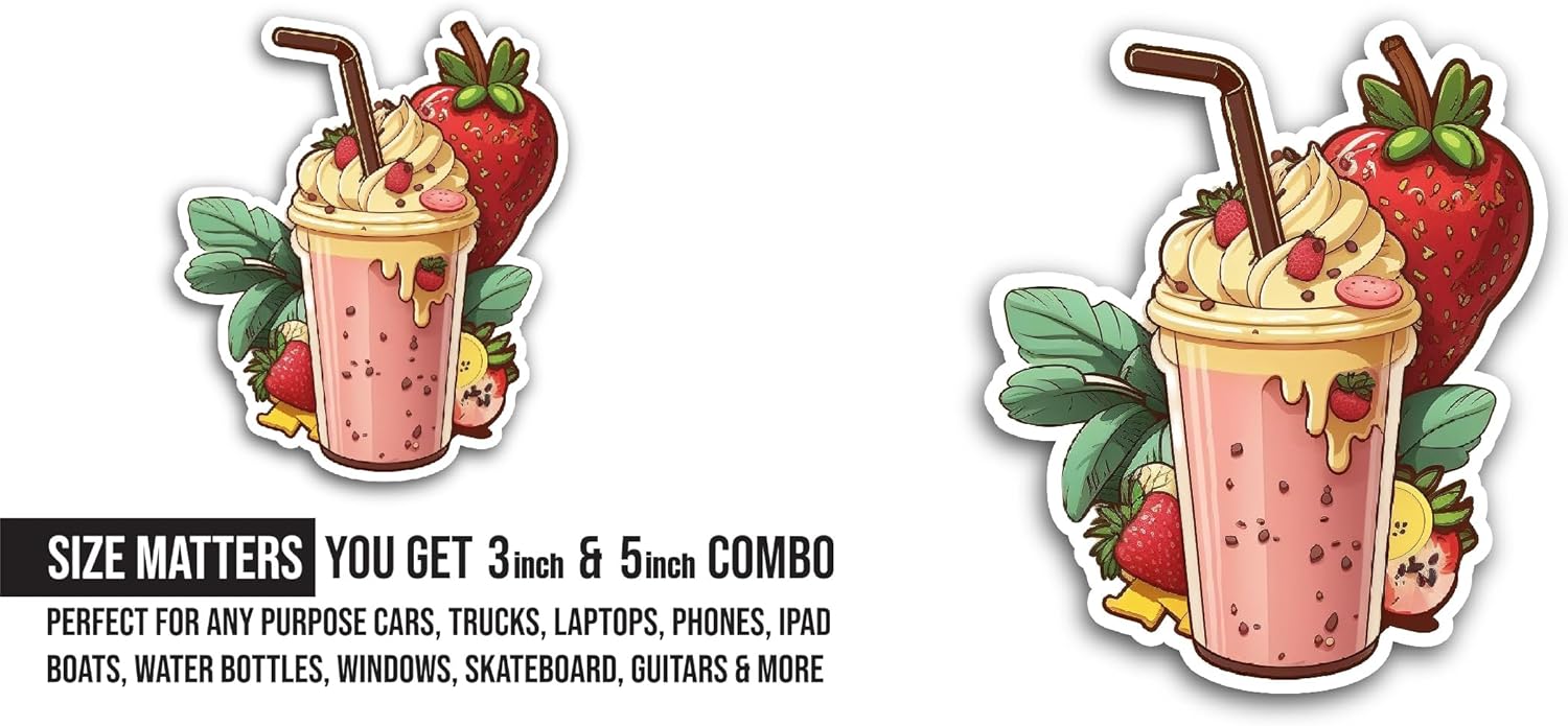 2 (Pieces) 3" and 5" Strawberry Milkshake Sticker, Waterproof Vinyl Decals for Many Purpose Like Cars, Trucks, Laptops, Phones, Windows and More
