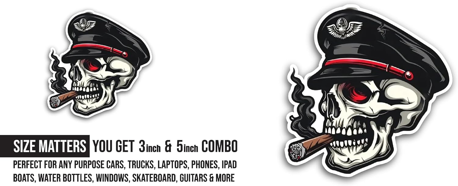 2 (Pieces) 3" and 5" Skull with Military Beret Sticker, Waterproof Vinyl Decals for Many Purpose Like Cars, Trucks, Laptops, Phones, Windows and More