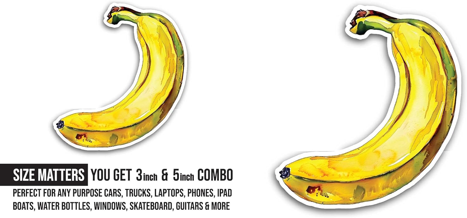 2 (Pieces) 3" and 5" Banana Sticker, Waterproof Vinyl Decals for Many Purpose Like Cars, Trucks, Laptops, Phones, Windows and More