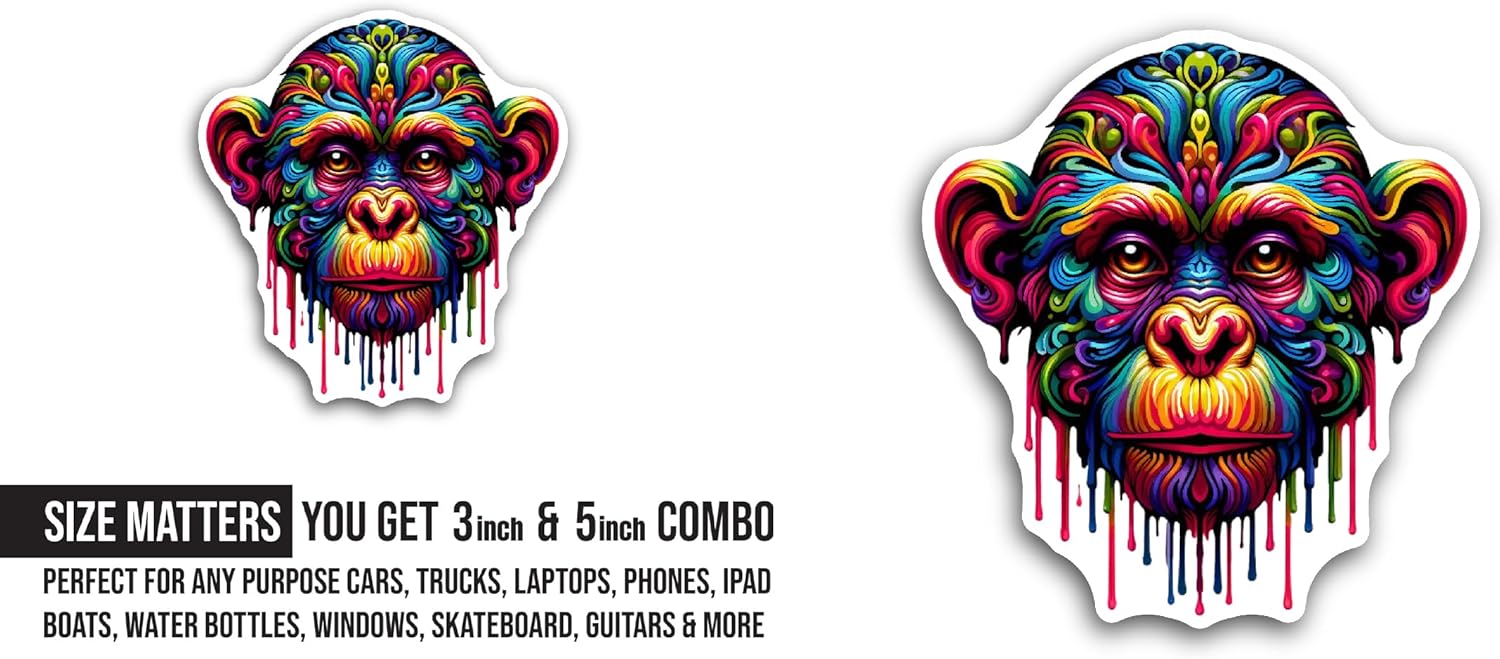 2 (Pieces) 3" and 5" Colorful Monkey Sticker, Waterproof Vinyl Decals for Many Purpose Like Cars, Trucks, Laptops, Phones, Windows and More