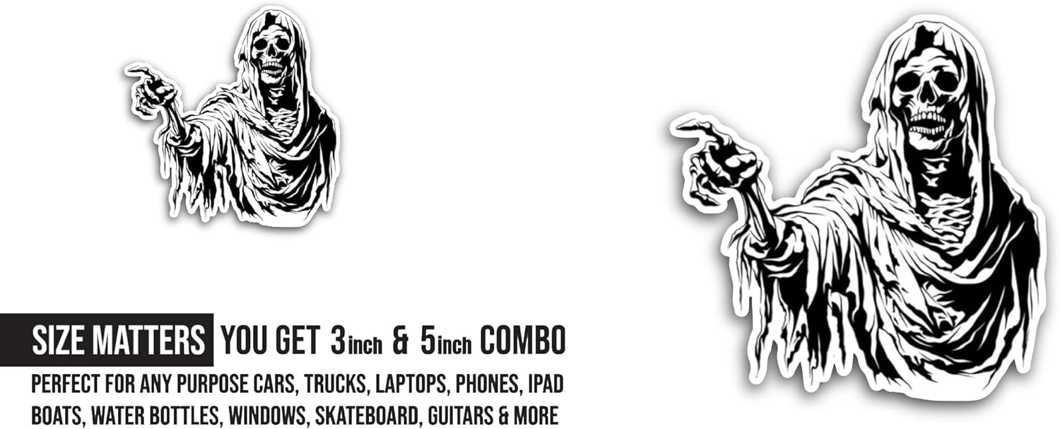 2 (Pieces) 3" and 5" Skeleton with A Hoody Sticker, Waterproof Vinyl Decals for Many Purpose Like Cars, Trucks, Laptops, Phones, Windows and More