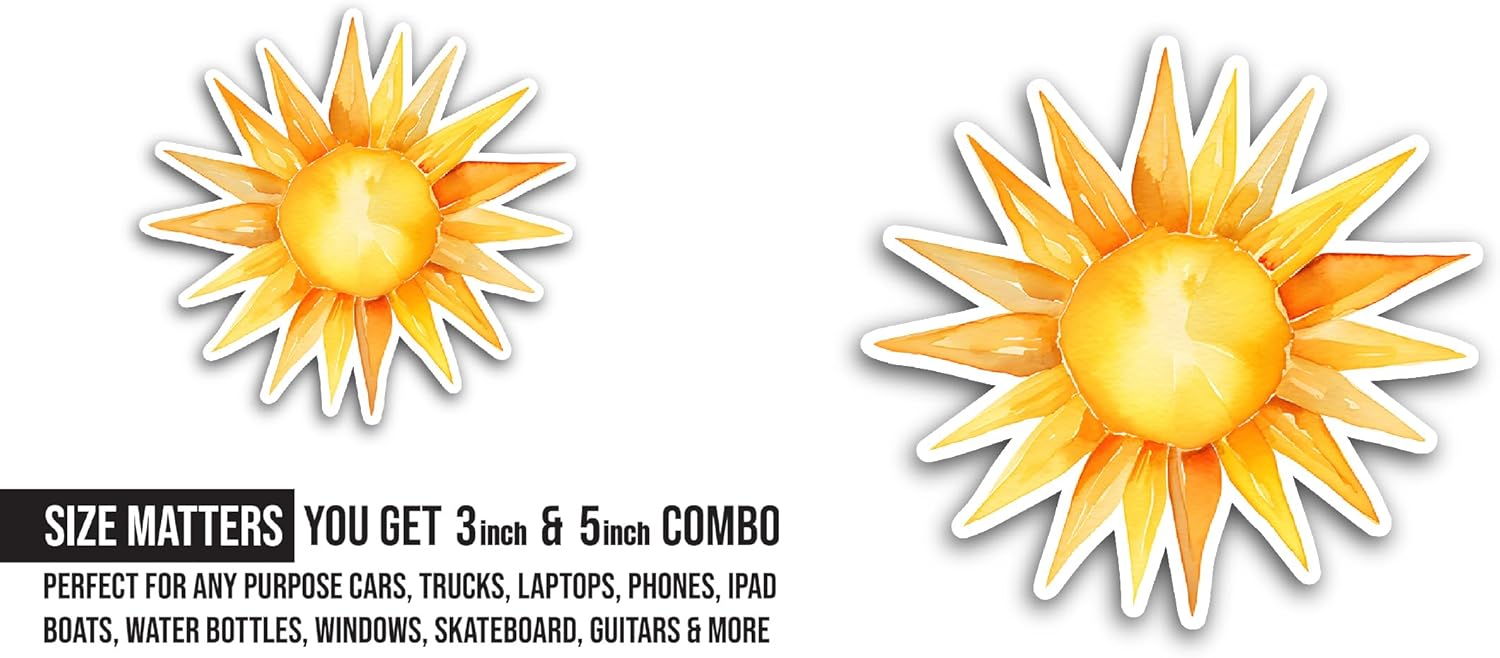 2 (Pieces) 3" and 5" Bright Sun Sticker, Waterproof Vinyl Decals for Many Purpose Like Cars, Trucks, Laptops, Phones, Windows and More