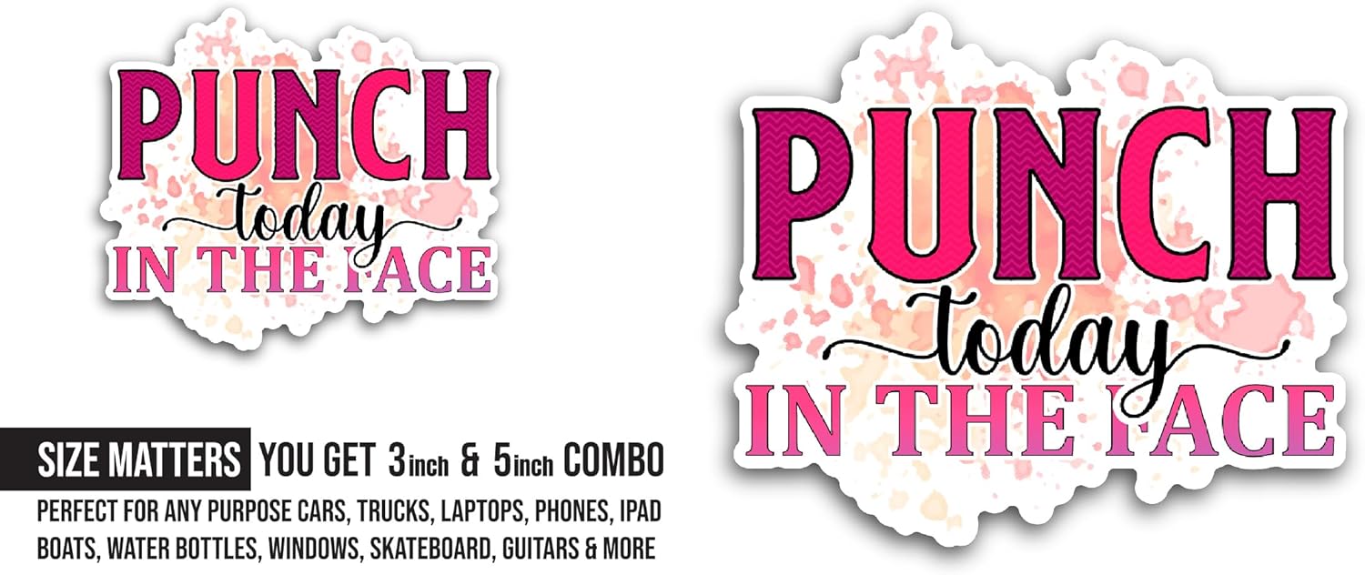 2 (Pieces) 3" and 5" Punch Today in The Face Sticker, Waterproof Vinyl Decals for Many Purpose Like Cars, Trucks, Laptops, Phones, Windows and More