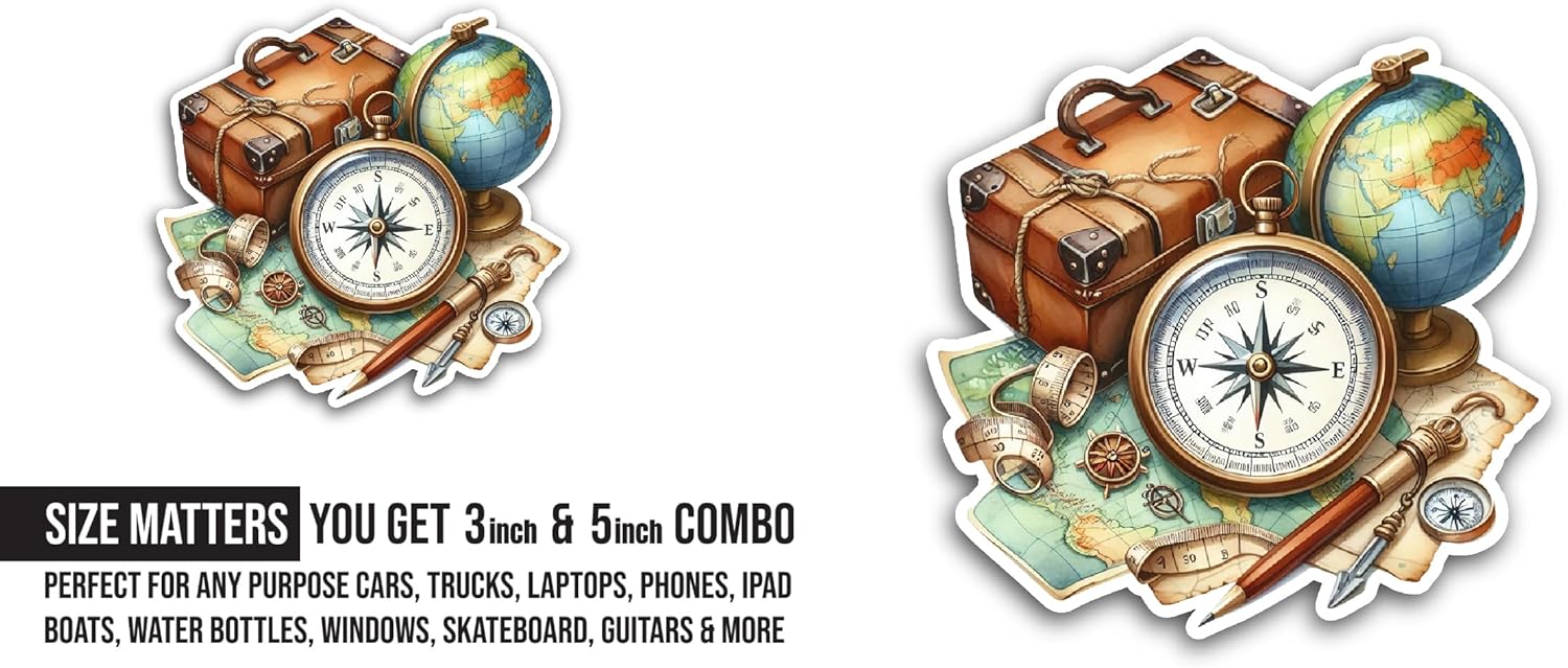 2 (Pieces) 3" and 5" Vintage Suitcase and Compass Sticker, Waterproof Vinyl Decals for Many Purpose Like Cars, Trucks, Laptops, Phones, Windows and More