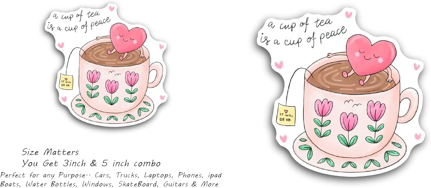 2 (Pieces) 3" and 5" Tea Cup and Heart Sticker, Waterproof Vinyl Decals for Many Purpose Like Cars, Trucks, Laptops, Phones, Windows and More