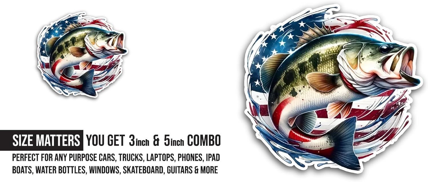 2 (Pieces) 3" and 5" Fish with American Flag Sticker, Waterproof Vinyl Decals for Many Purpose Like Cars, Trucks, Laptops, Phones, Windows and More