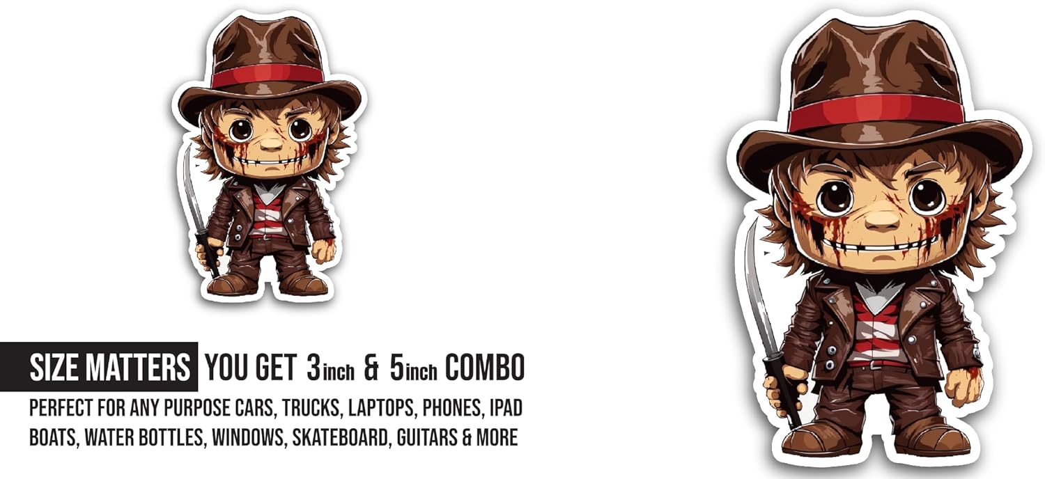 2 (Pieces) 3" and 5" Cartoon Zombie with Hat and Knife Sticker, Waterproof Vinyl Decals for Many Purpose Like Cars, Trucks, Laptops, Phones, Windows and More