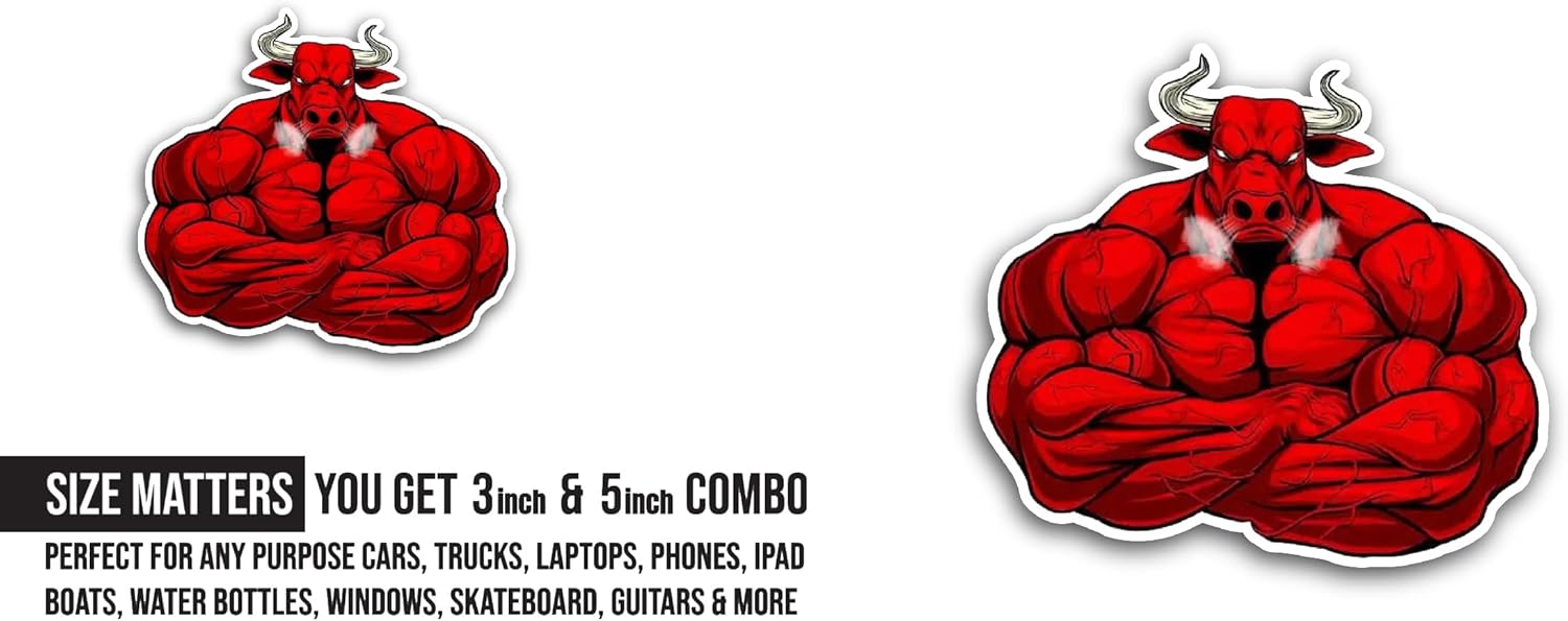 2 (Pieces) 3" and 5" Strong Red Bull Sticker, Waterproof Vinyl Decals for Many Purpose Like Cars, Trucks, Laptops, Phones, Windows and More