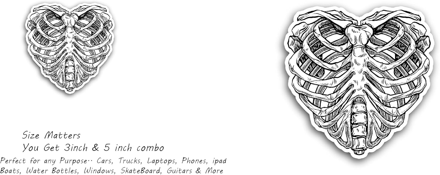 2 (Pieces) 3" and 5" Rib Cage Heart Sticker, Waterproof Vinyl Decals for Many Purpose Like Cars, Trucks, Laptops, Phones, Windows and More