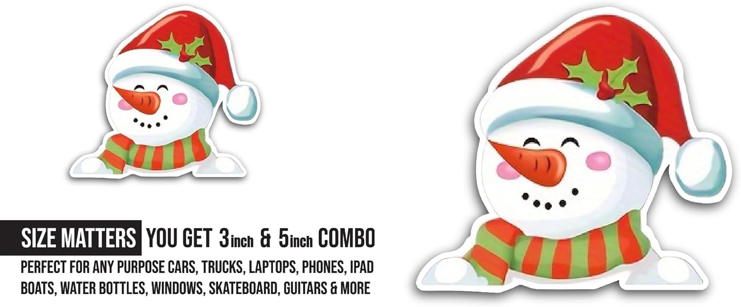 2 (Pieces) 3" and 5" Cute Snowman Sticker, Waterproof Vinyl Decals for Many Purpose Like Cars, Trucks, Laptops, Phones, Windows and More