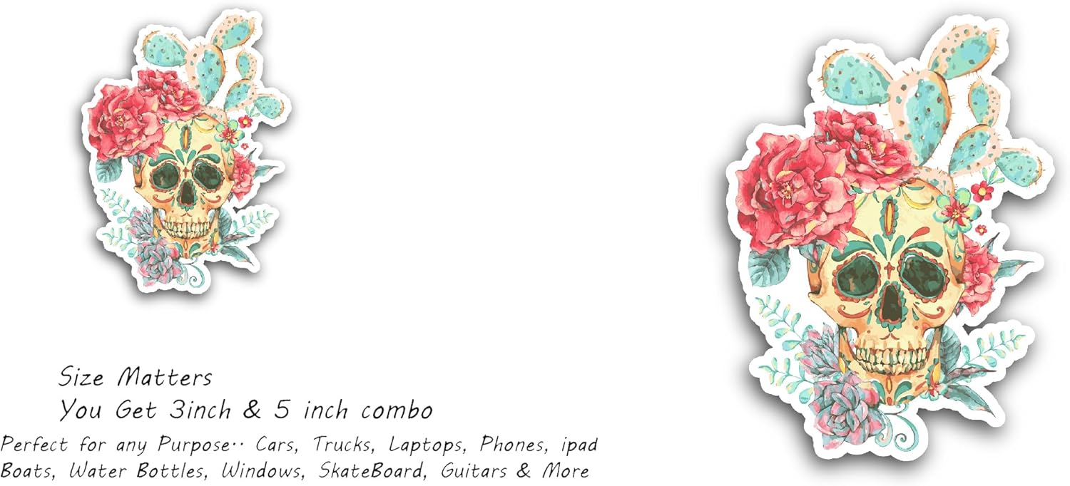 2 (Pieces) 3" and 5" Flowers with Skull Sticker, Waterproof Vinyl Decals for Many Purpose Like Cars, Trucks, Laptops, Phones, Windows and More