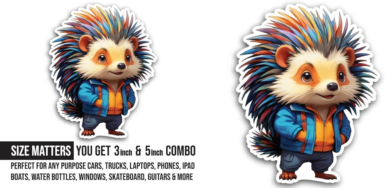 2 (Pieces) 3" and 5" Hedgehog in A Blue Jacket Sticker, Waterproof Vinyl Decals for Many Purpose Like Cars, Trucks, Laptops, Phones, Windows and More