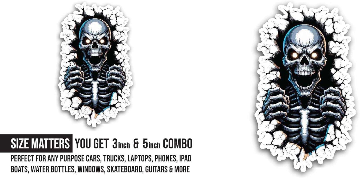 2 (Pieces) 3" and 5" Scary Ghost Skeleton Sticker, Waterproof Vinyl Decals for Many Purpose Like Cars, Trucks, Laptops, Phones, Windows and More
