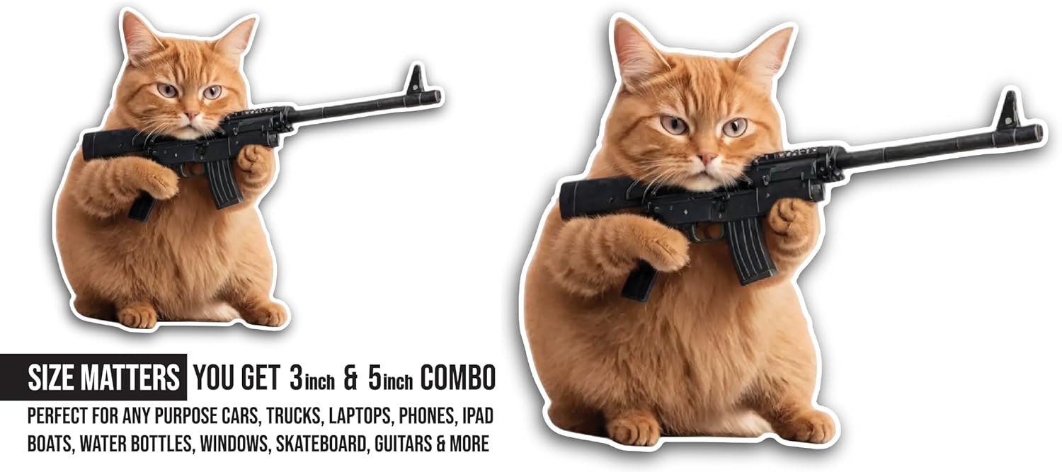 2 (Pieces) 3" and 5" Cat with Gun Sticker, Waterproof Vinyl Decals for Many Purpose Like Cars, Trucks, Laptops, Phones, Windows and More
