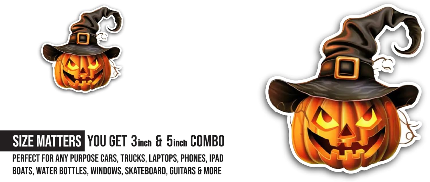 2 (Pieces) 3" and 5" Halloween Pumpkin with Witch Hat Sticker, Waterproof Vinyl Decals for Many Purpose Like Cars, Trucks, Laptops, Phones, Windows and More