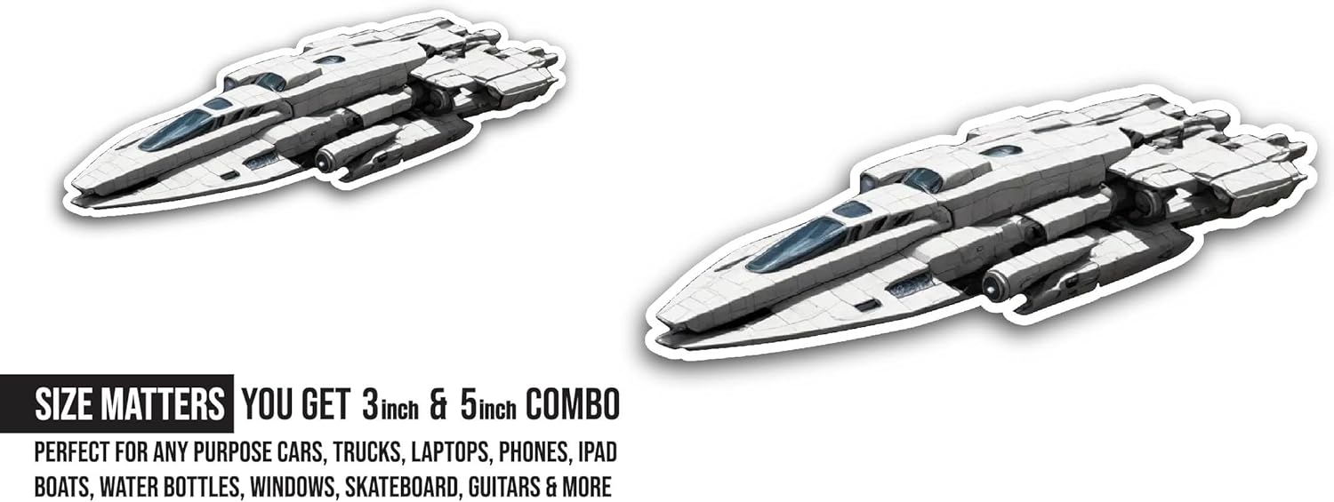 2 (Pieces) 3" and 5" Futuristic Spaceship Sticker, Waterproof Vinyl Decals for Many Purpose Like Cars, Trucks, Laptops, Phones, Windows and More