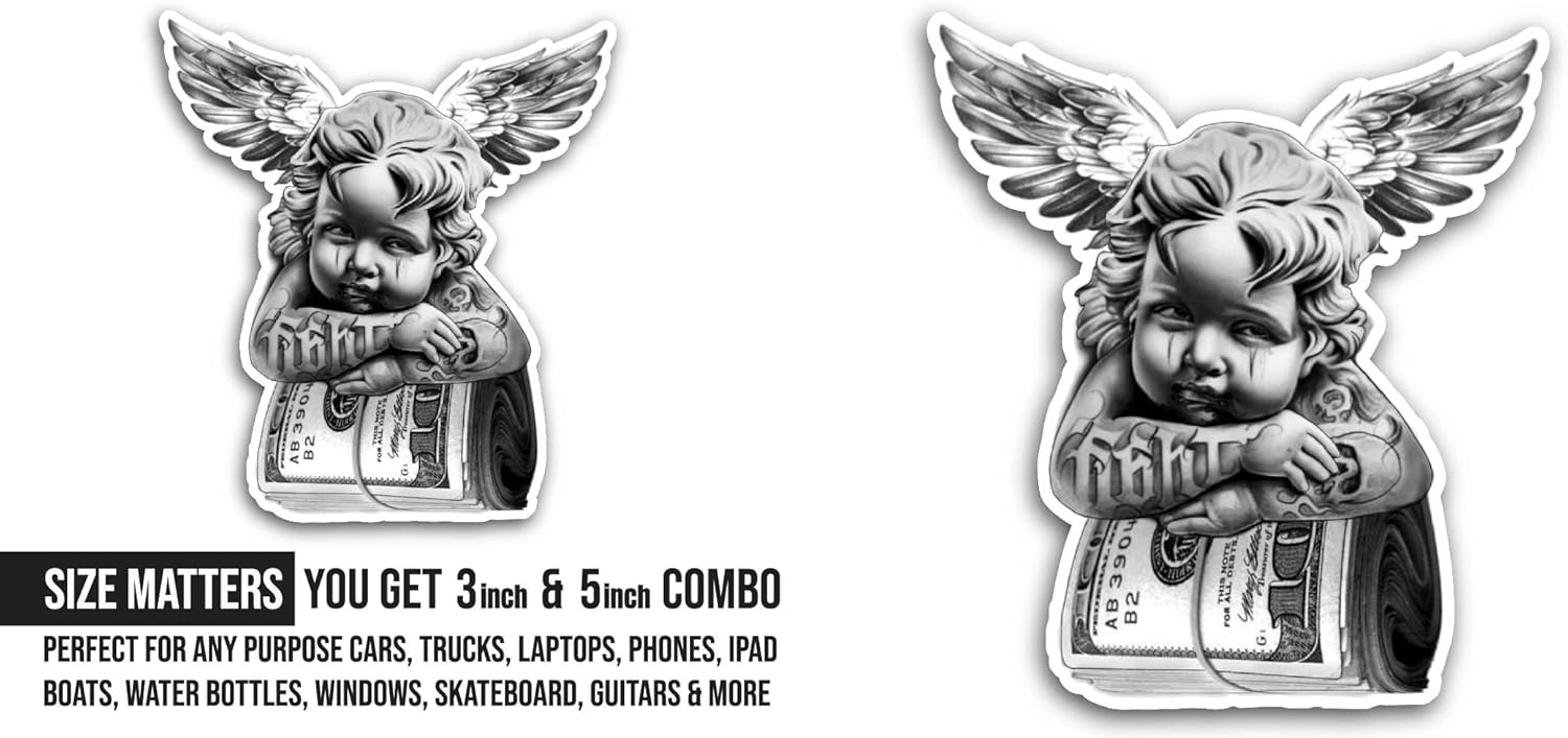 2 (Pieces) 3" and 5" Baby Angel with Money Sticker, Waterproof Vinyl Decals for Many Purpose Like Cars, Trucks, Laptops, Phones, Windows and More
