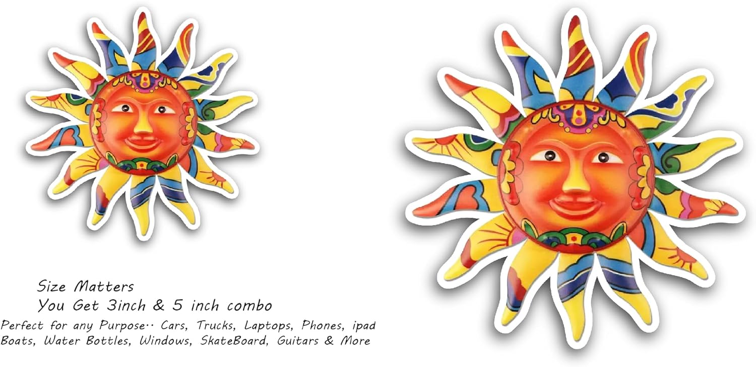 2 (Pieces) 3" and 5" Sun Face Art Sticker, Waterproof Vinyl Decals for Many Purpose Like Cars, Trucks, Laptops, Phones, Windows and More