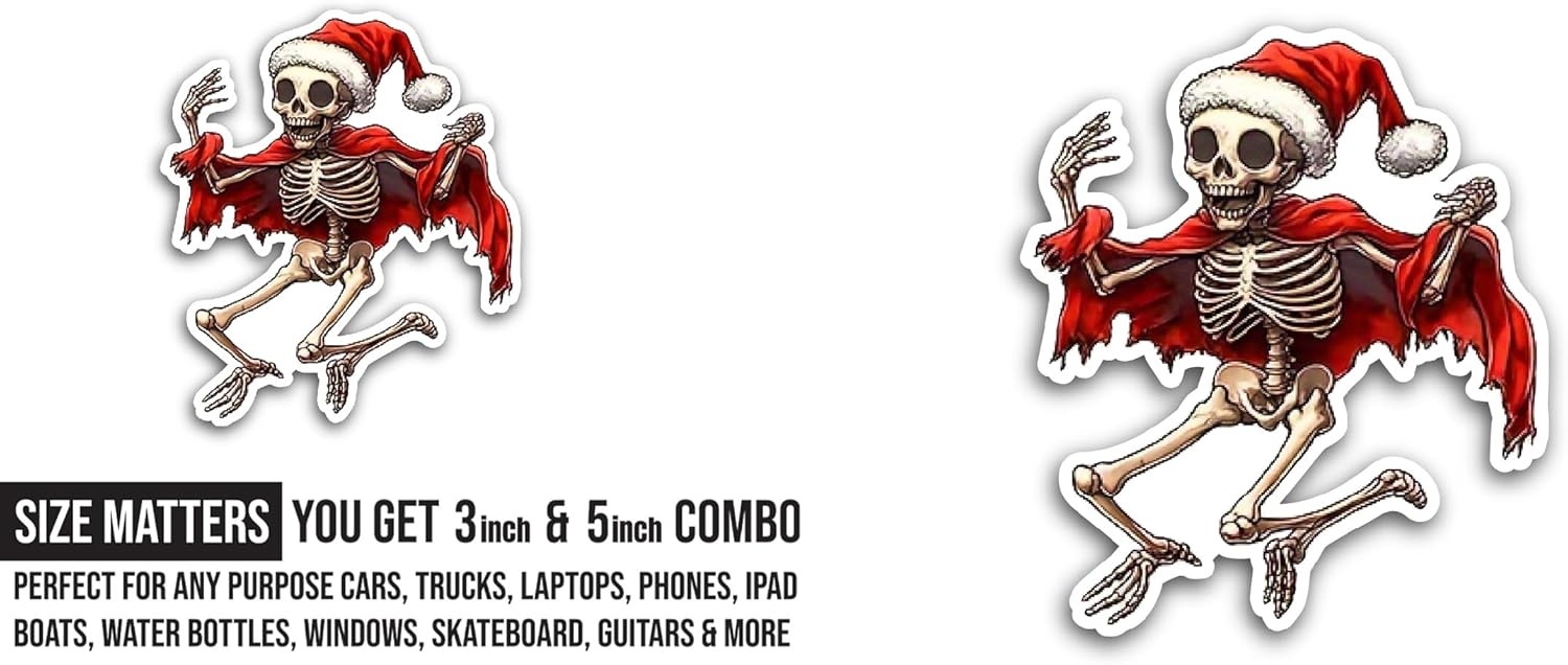2 (Pieces) 3" and 5" Funny Christmas Skeleton Sticker, Waterproof Vinyl Decals for Many Purpose Like Cars, Trucks, Laptops, Phones, Windows and More