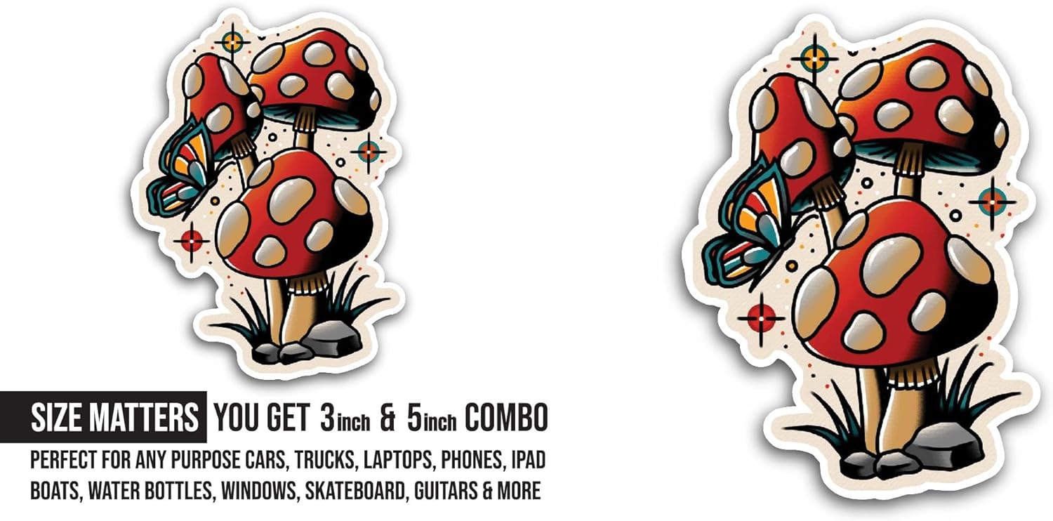 2 (Pieces) 3" and 5" Mushrooms Sticker, Waterproof Vinyl Decals for Many Purpose Like Cars, Trucks, Laptops, Phones, Windows and More