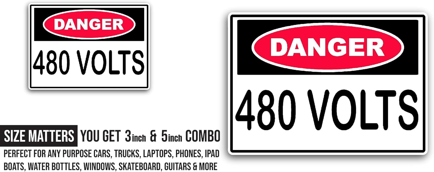 2 (Pieces) 3" and 5" Danger 480 Volts Sticker, Waterproof Vinyl Decals for Many Purpose Like Cars, Trucks, Laptops, Phones, Windows and More