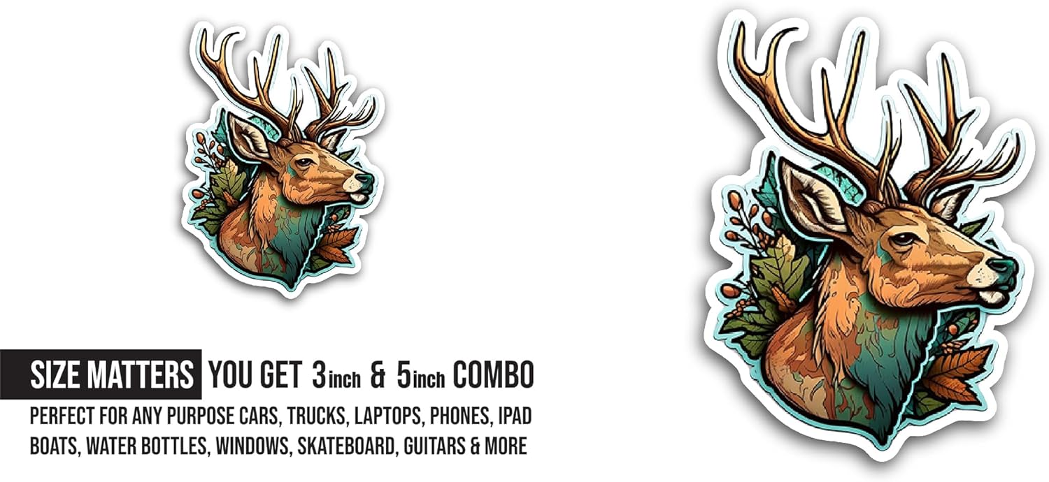 2 (Pieces) 3" and 5" Deer Head Sticker, Waterproof Vinyl Decals for Many Purpose Like Cars, Trucks, Laptops, Phones, Windows and More