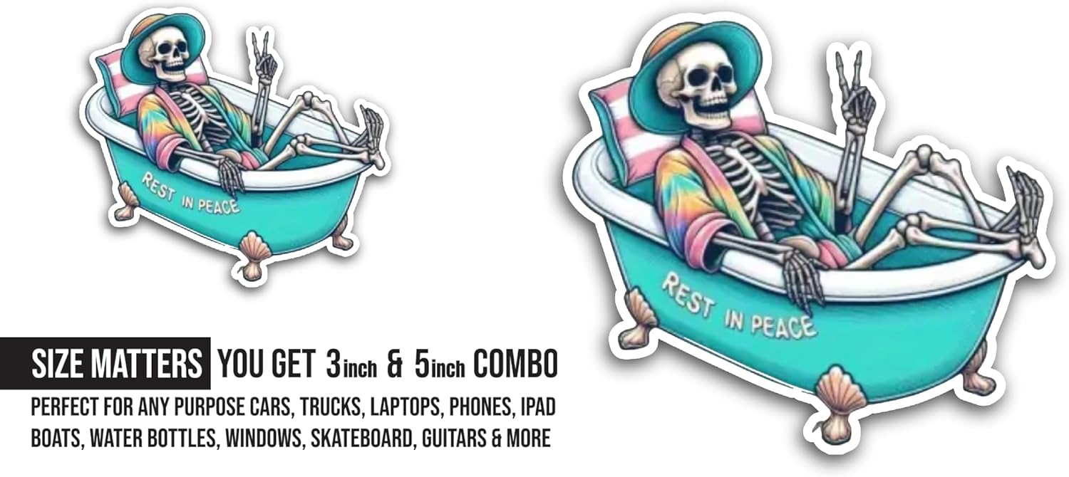 2 (Pieces) 3" and 5" Skeleton in The Bath Tub Sticker, Waterproof Vinyl Decals for Many Purpose Like Cars, Trucks, Laptops, Phones, Windows and More