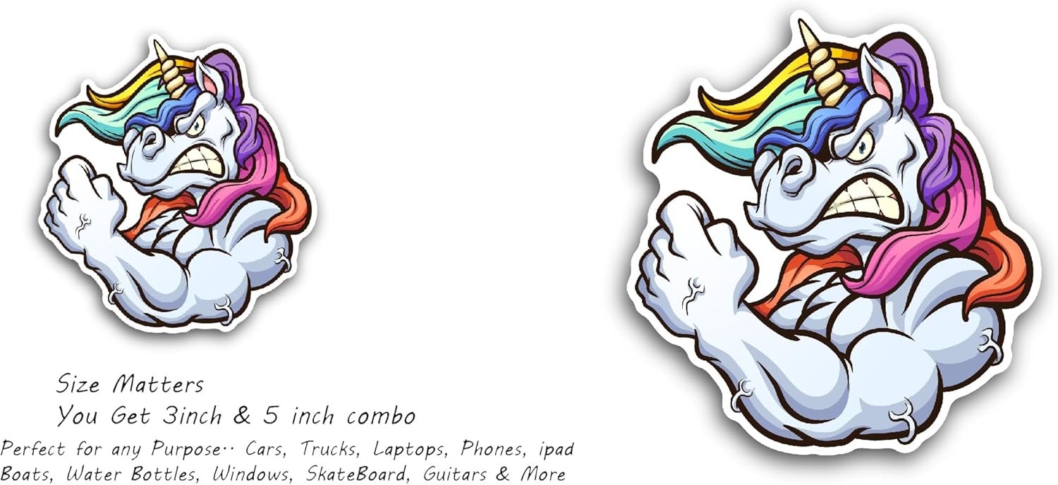 2 (Pieces) 3" and 5" Strong Unicorn Sticker, Waterproof Vinyl Decals for Many Purpose Like Cars, Trucks, Laptops, Phones, Windows and More