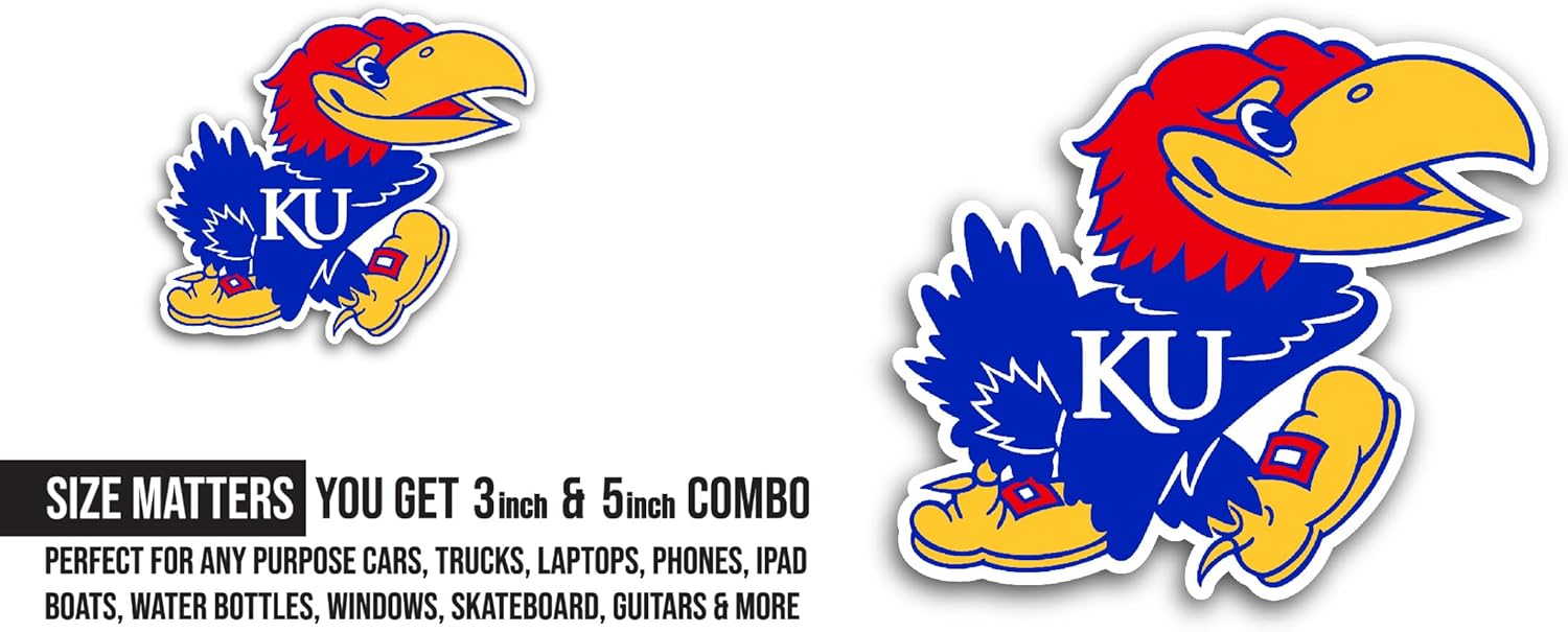 2 (Pieces) 3" and 5" K@nsas Jayhawks Sticker, Waterproof Vinyl Decals for Many Purpose Like Cars, Trucks, Laptops, Phones, Windows and More