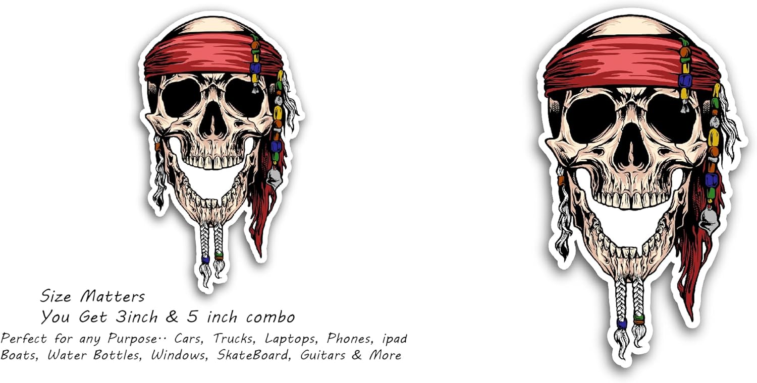2 (Pieces) 3" and 5" Skull Pirates Wearing Bandana Sticker, Waterproof Vinyl Decals for Many Purpose Like Cars, Trucks, Laptops, Phones, Windows and More