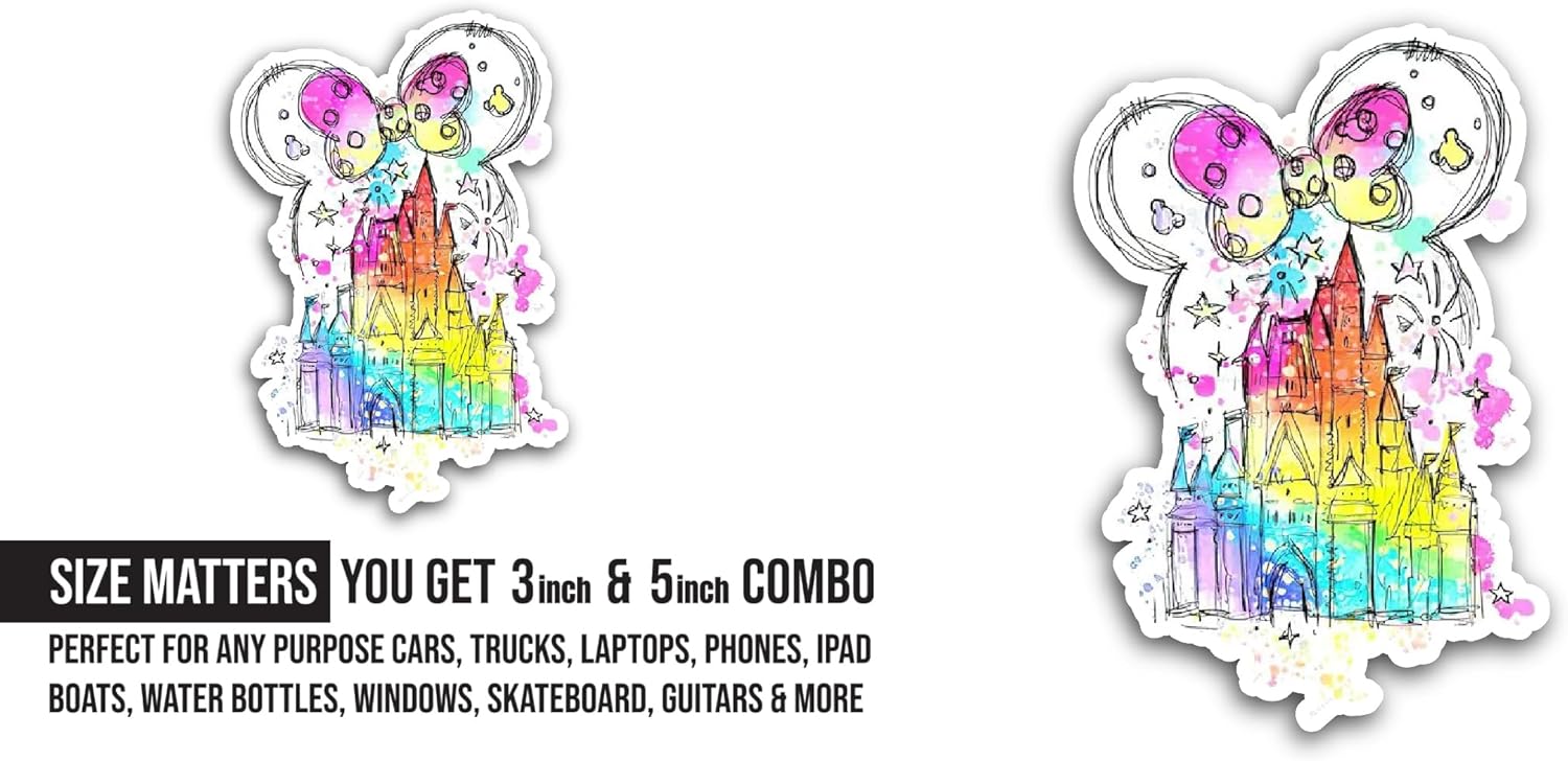 2 (Pieces) 3" and 5" Rainbow Color Castle Sticker, Waterproof Vinyl Decals for Many Purpose Like Cars, Trucks, Laptops, Phones, Windows and More
