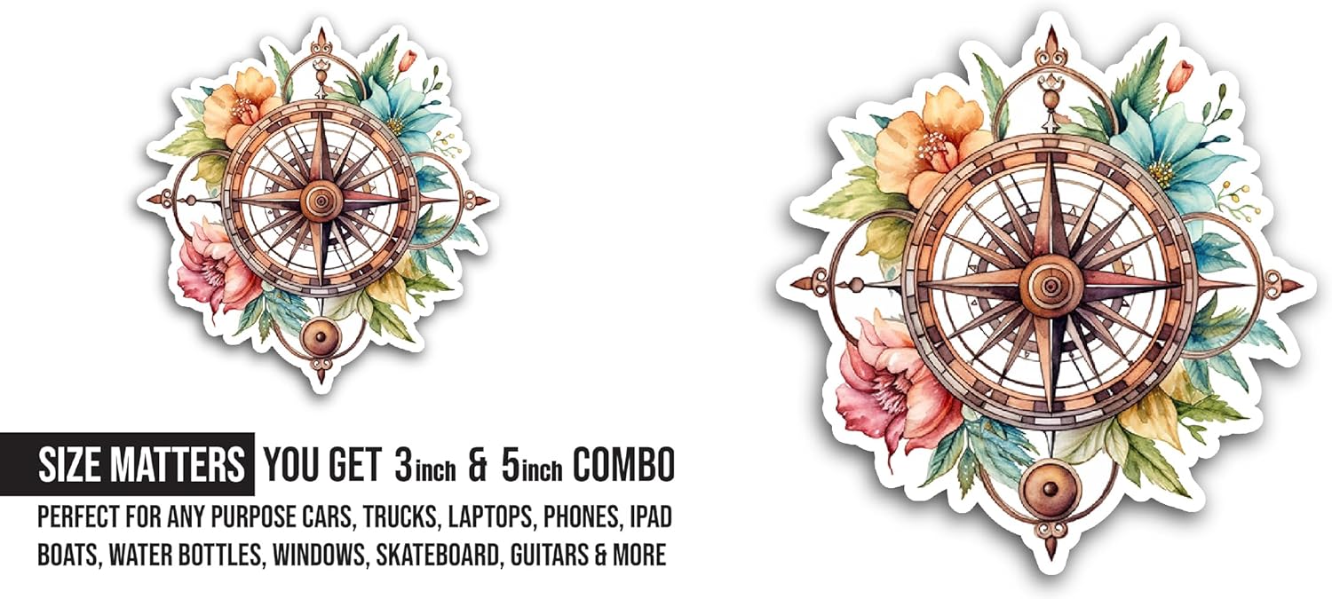 2 (Pieces) 3" and 5" Compass with Flowers Sticker, Waterproof Vinyl Decals for Many Purpose Like Cars, Trucks, Laptops, Phones, Windows and More