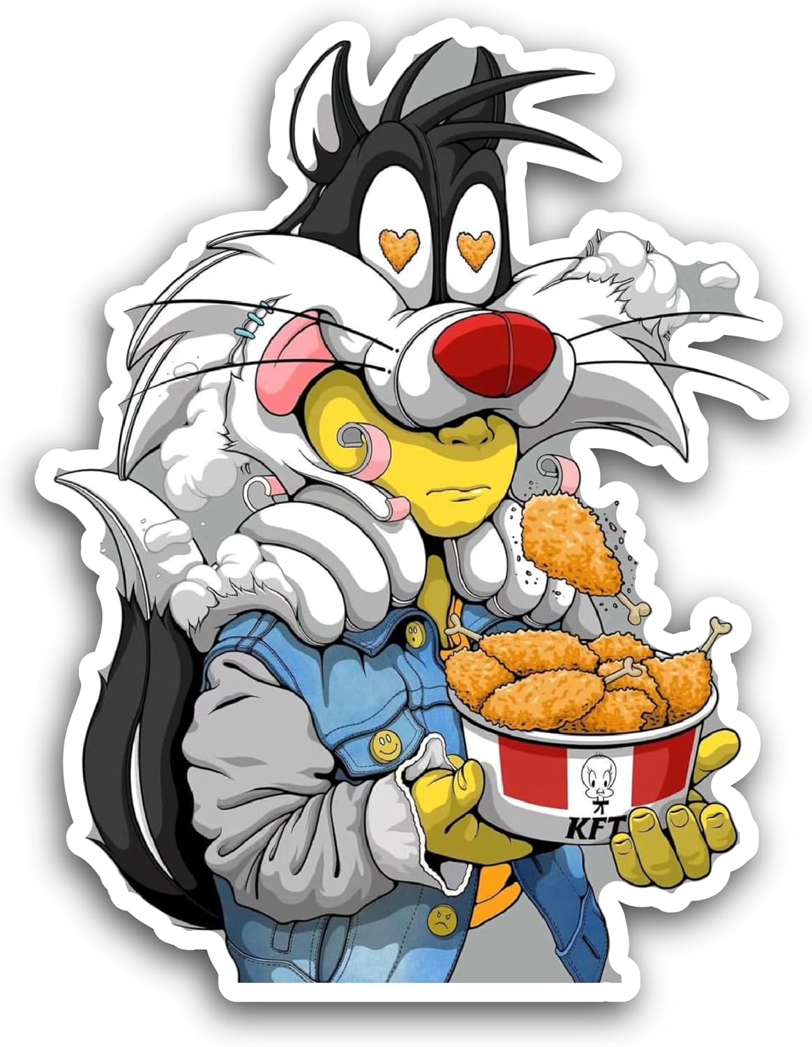 2 (Pieces) 3" and 5" Cartoon Cat Eating Chicken Sticker, Waterproof Vinyl Decals for Many Purpose Like Cars, Trucks, Laptops, Phones, Windows and More